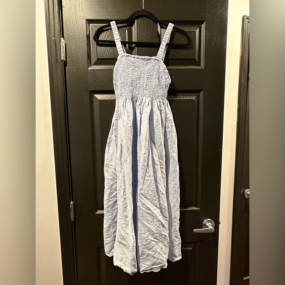 J. Crew light blue smocked midi linen blend dress